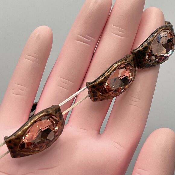 Copper Tone Hammer Finish Champaign Glass Rhinestone Metal Stretch Bracelet Bold - Picture 4 of 7
